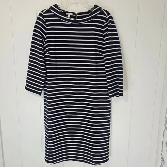 Talbots Roll Neck Striped Knit Shift Dress 3/4 Sleeves Navy Blue Size Large - Picture 1 of 8